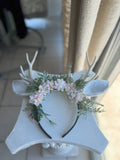 Diadema con Astas , flores blanco y rosa